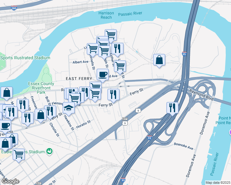 map of restaurants, bars, coffee shops, grocery stores, and more near 10 Foundry Street in Newark