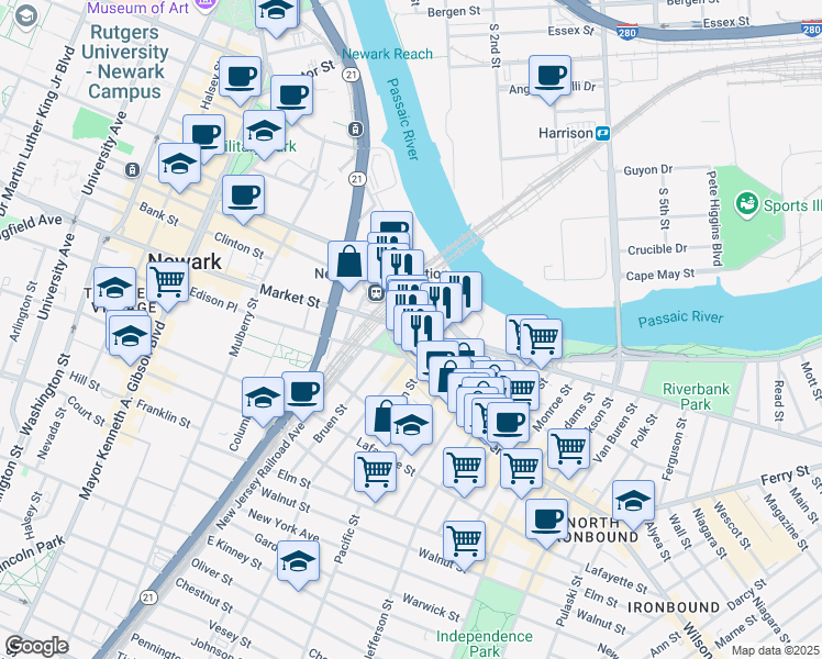 map of restaurants, bars, coffee shops, grocery stores, and more near 1 Penn Plaza East in Newark