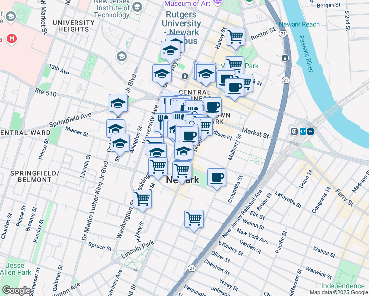 map of restaurants, bars, coffee shops, grocery stores, and more near in Newark