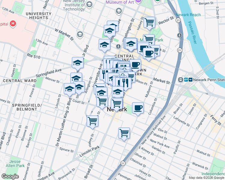 map of restaurants, bars, coffee shops, grocery stores, and more near in Newark