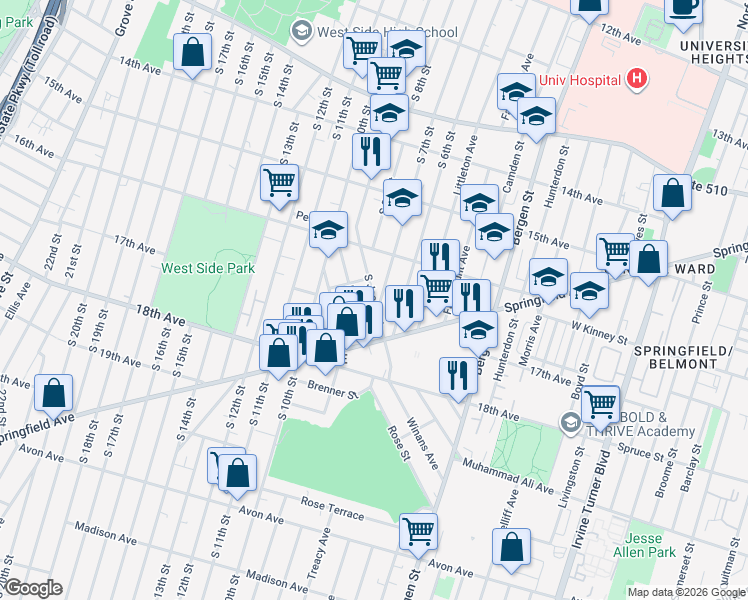 map of restaurants, bars, coffee shops, grocery stores, and more near 421 South 7th Street in Newark