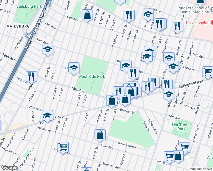 map of restaurants, bars, coffee shops, grocery stores, and more near 572 South 12th Street in Newark