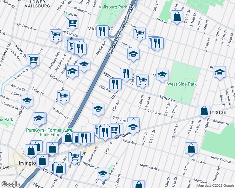 map of restaurants, bars, coffee shops, grocery stores, and more near 697 Grove Street in Irvington