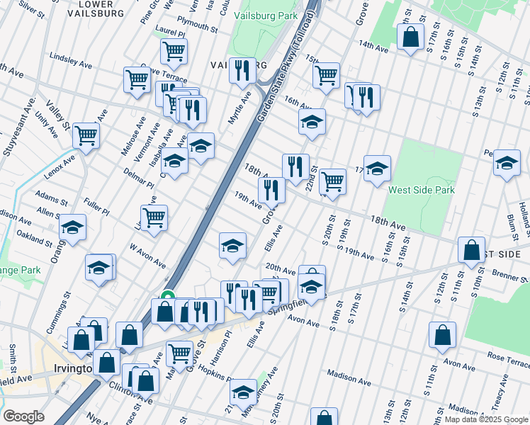 map of restaurants, bars, coffee shops, grocery stores, and more near 697 Grove Street in Irvington