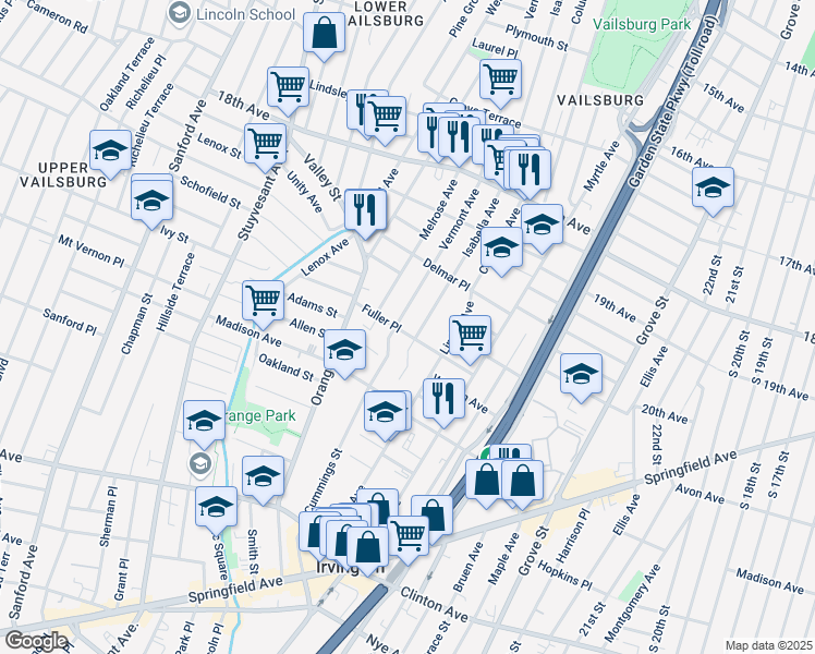 map of restaurants, bars, coffee shops, grocery stores, and more near 320 Vermont Avenue in Irvington