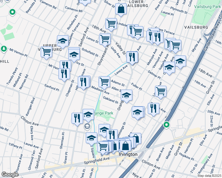map of restaurants, bars, coffee shops, grocery stores, and more near 35 Adams Street in Irvington