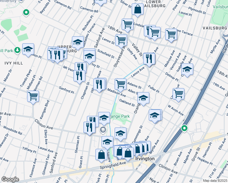 map of restaurants, bars, coffee shops, grocery stores, and more near 290 Madison Avenue in Irvington