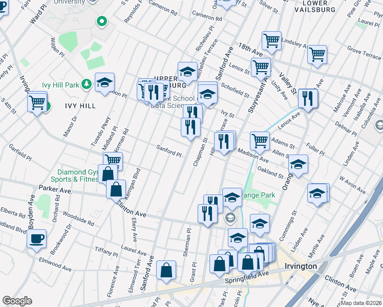 map of restaurants, bars, coffee shops, grocery stores, and more near 831 Sanford Avenue in Newark