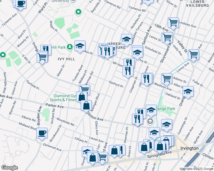 map of restaurants, bars, coffee shops, grocery stores, and more near 62 Sanford Place in Newark