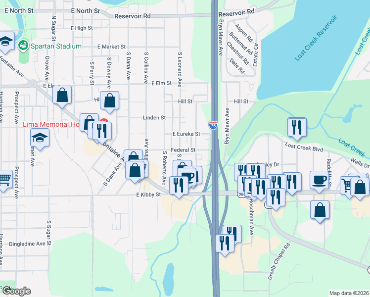 map of restaurants, bars, coffee shops, grocery stores, and more near 551 S Leonard Ave in Lima