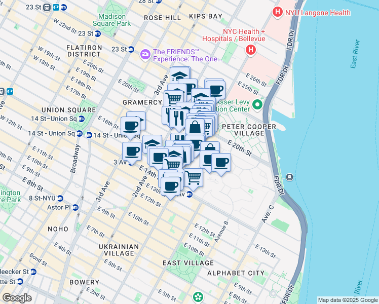 map of restaurants, bars, coffee shops, grocery stores, and more near 301 1st Avenue in New York
