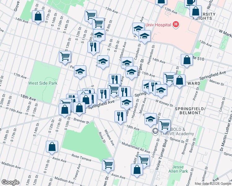 map of restaurants, bars, coffee shops, grocery stores, and more near 391 Fairmount Avenue in Newark