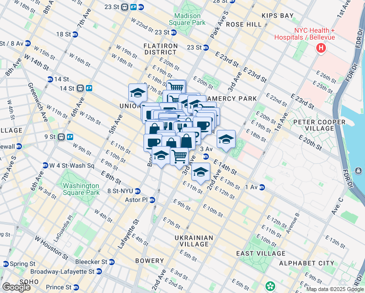 map of restaurants, bars, coffee shops, grocery stores, and more near 138 East 14th Street in New York