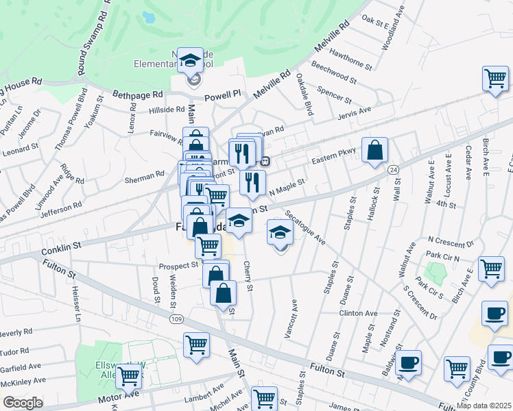 map of restaurants, bars, coffee shops, grocery stores, and more near 6 Franklin Place in Farmingdale