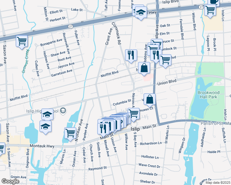 map of restaurants, bars, coffee shops, grocery stores, and more near 2649 Union Boulevard in Islip