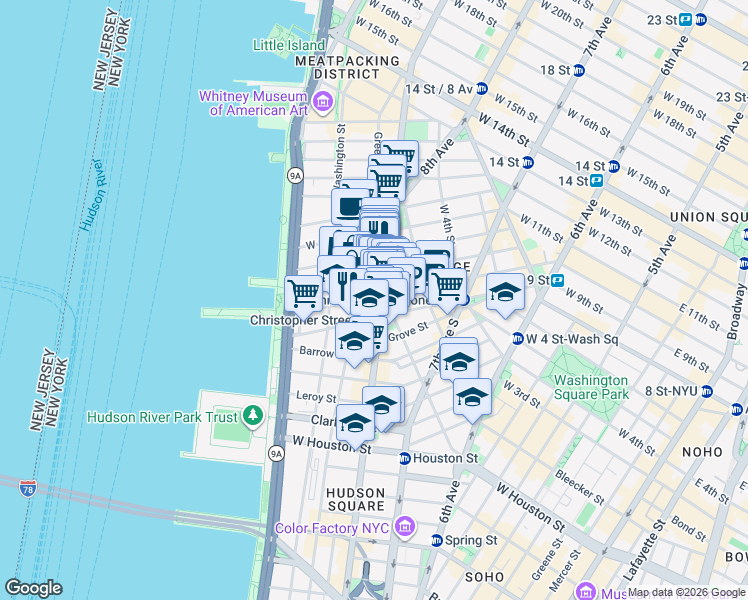 map of restaurants, bars, coffee shops, grocery stores, and more near in New York