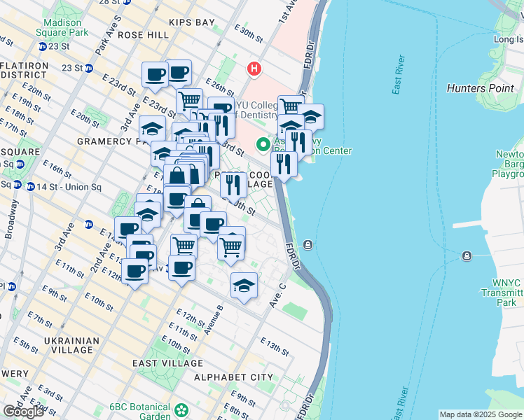 map of restaurants, bars, coffee shops, grocery stores, and more near 541 East 20th Street in New York