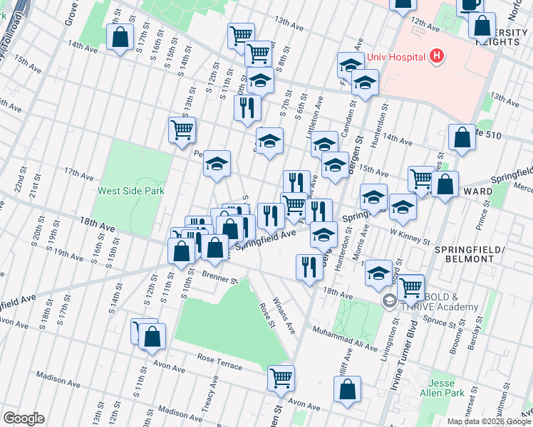 map of restaurants, bars, coffee shops, grocery stores, and more near 394 South 6th Street in Newark