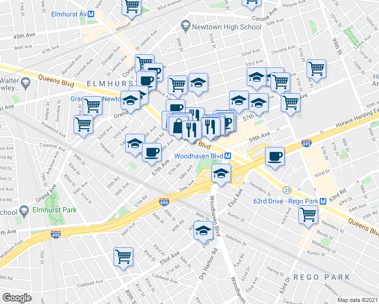 map of restaurants, bars, coffee shops, grocery stores, and more near 87-31 57th Road in Queens