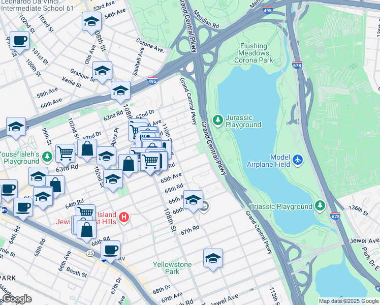 map of restaurants, bars, coffee shops, grocery stores, and more near 110-23 64th Avenue in Queens