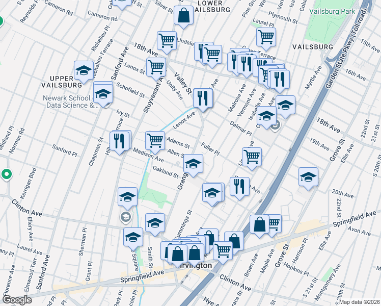 map of restaurants, bars, coffee shops, grocery stores, and more near 235 Orange Avenue in Irvington