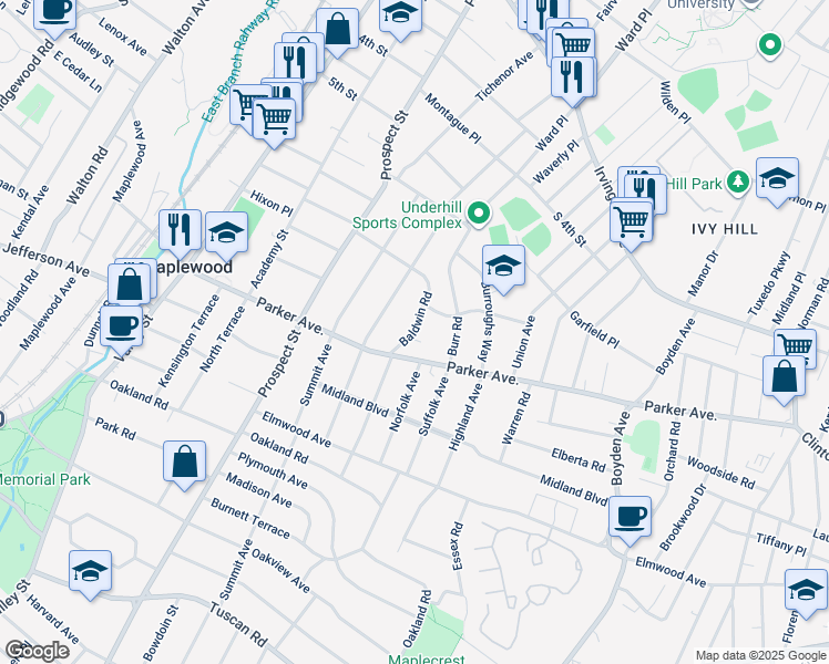 map of restaurants, bars, coffee shops, grocery stores, and more near 461 Baldwin Road in Maplewood