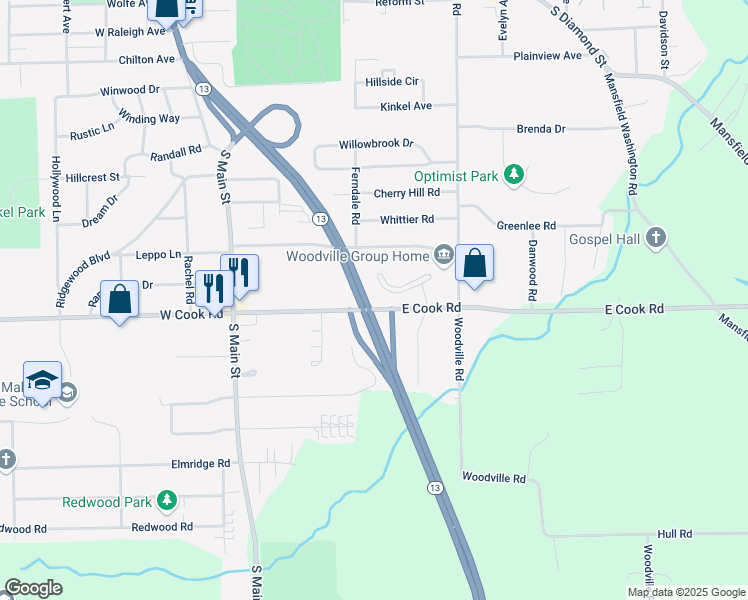 map of restaurants, bars, coffee shops, grocery stores, and more near 937 Ohio 13 in Mansfield