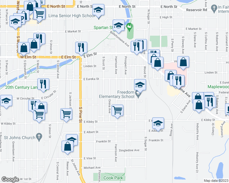 map of restaurants, bars, coffee shops, grocery stores, and more near 580 Harrison Avenue in Lima