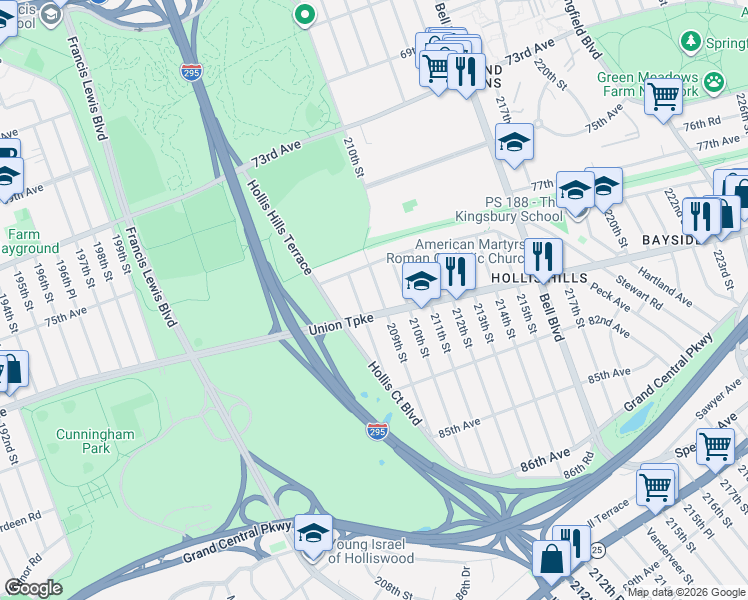 map of restaurants, bars, coffee shops, grocery stores, and more near 79-20 209th Street in Queens