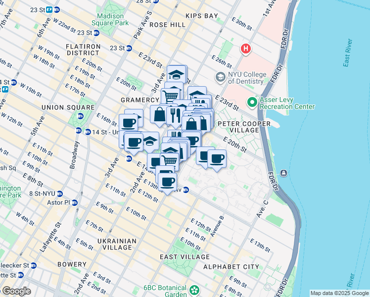 map of restaurants, bars, coffee shops, grocery stores, and more near 301 1st Avenue in New York