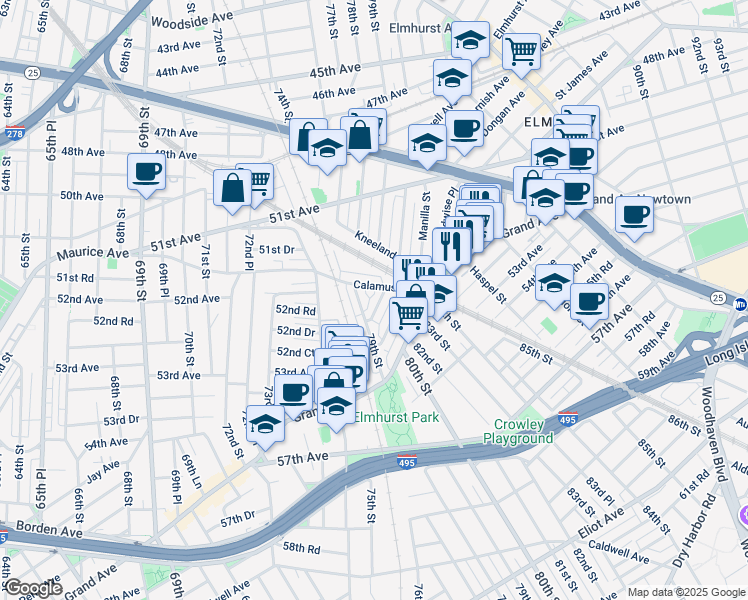 map of restaurants, bars, coffee shops, grocery stores, and more near 79-48 Elks Road in Queens