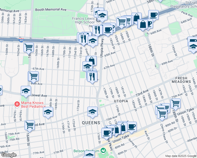 map of restaurants, bars, coffee shops, grocery stores, and more near 67-46 Utopia Parkway in Queens