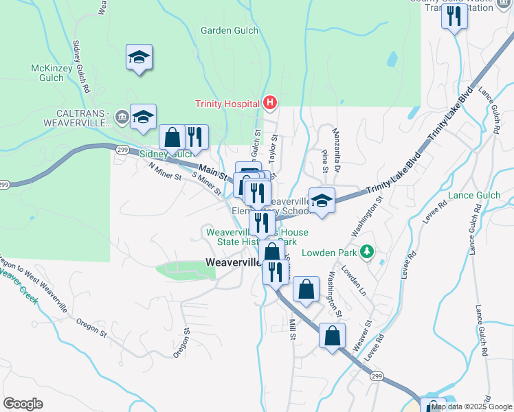 map of restaurants, bars, coffee shops, grocery stores, and more near 515 Main Street in Weaverville
