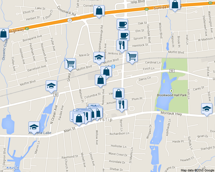 map of restaurants, bars, coffee shops, grocery stores, and more near 111 Nassau Ave in Islip