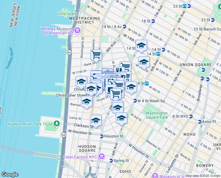 map of restaurants, bars, coffee shops, grocery stores, and more near 89 Christopher Street in New York
