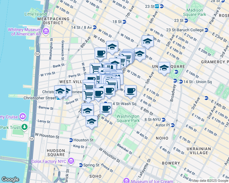 map of restaurants, bars, coffee shops, grocery stores, and more near 58 1/2 West 8th Street in New York