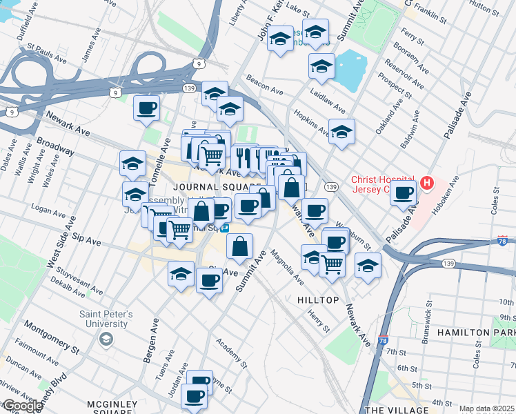 map of restaurants, bars, coffee shops, grocery stores, and more near 36 Van Reipen Avenue in Jersey City
