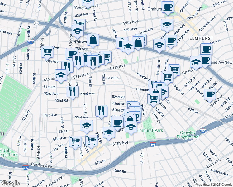 map of restaurants, bars, coffee shops, grocery stores, and more near 73-05 52nd Avenue in Queens