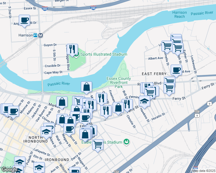 map of restaurants, bars, coffee shops, grocery stores, and more near Raymond Blvd & Freeman St in Newark
