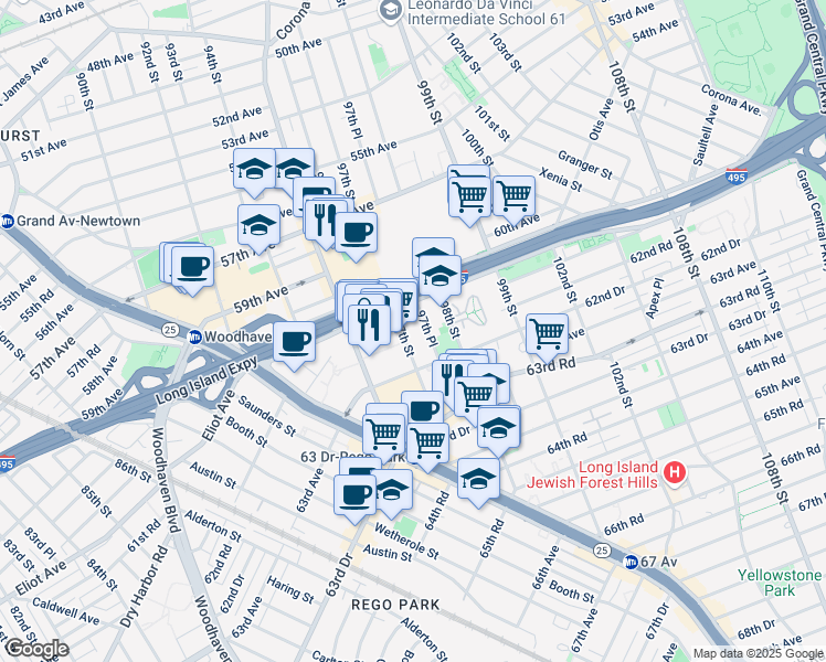 map of restaurants, bars, coffee shops, grocery stores, and more near 61-15 97th Street in Queens
