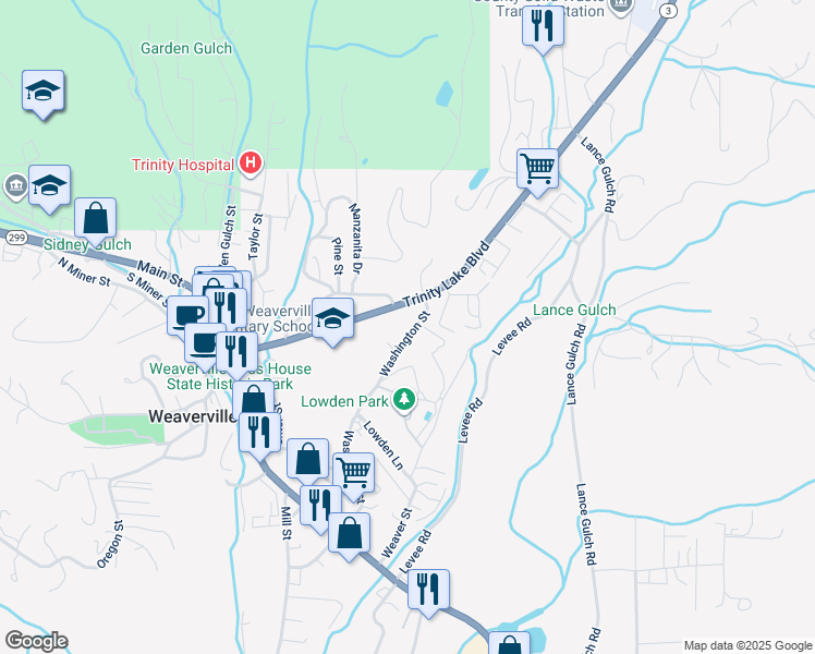 map of restaurants, bars, coffee shops, grocery stores, and more near 621 Washington Street in Weaverville