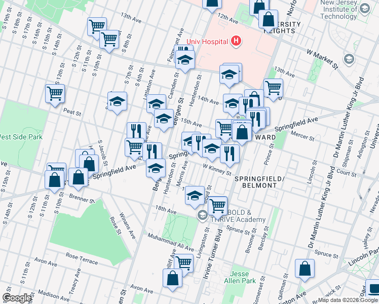 map of restaurants, bars, coffee shops, grocery stores, and more near 324 Springfield Avenue in Newark