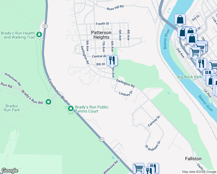 map of restaurants, bars, coffee shops, grocery stores, and more near 51 Darlington Road in Beaver Falls