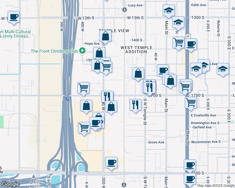 map of restaurants, bars, coffee shops, grocery stores, and more near 230 West 1700 South in Salt Lake City