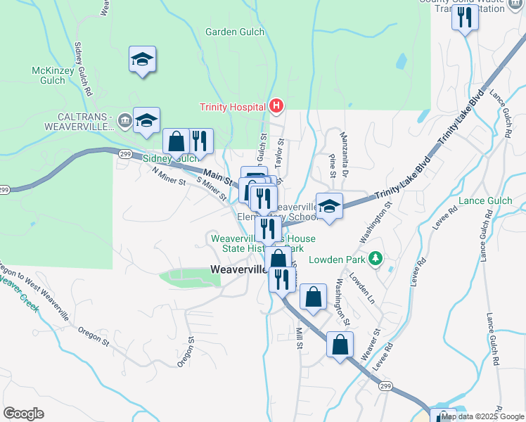 map of restaurants, bars, coffee shops, grocery stores, and more near 515 Main Street in Weaverville