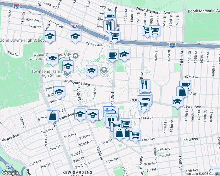 map of restaurants, bars, coffee shops, grocery stores, and more near in Queens