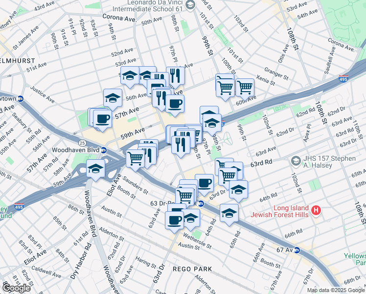 map of restaurants, bars, coffee shops, grocery stores, and more near 250 Horace Harding Expressway in Queens