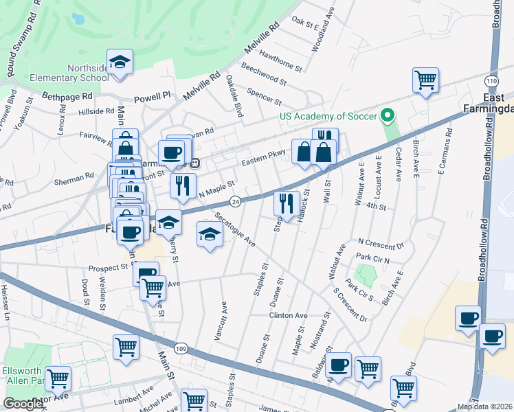 map of restaurants, bars, coffee shops, grocery stores, and more near 675 New York 24 in Farmingdale