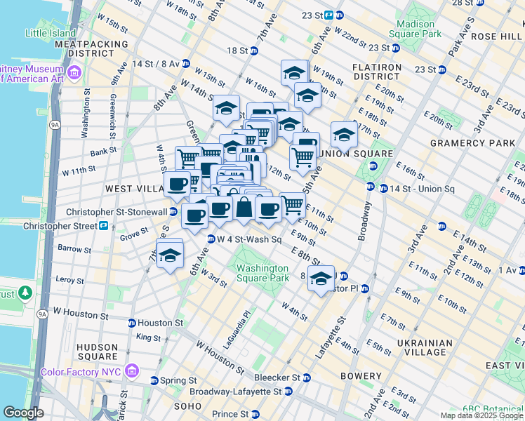 map of restaurants, bars, coffee shops, grocery stores, and more near 53 West 9th Street in New York