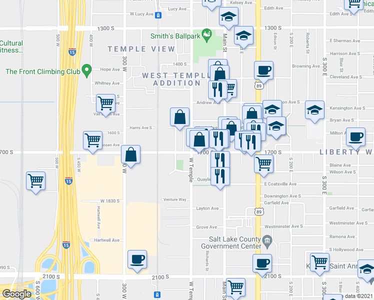 map of restaurants, bars, coffee shops, grocery stores, and more near 1646 SW Temple in Salt Lake City